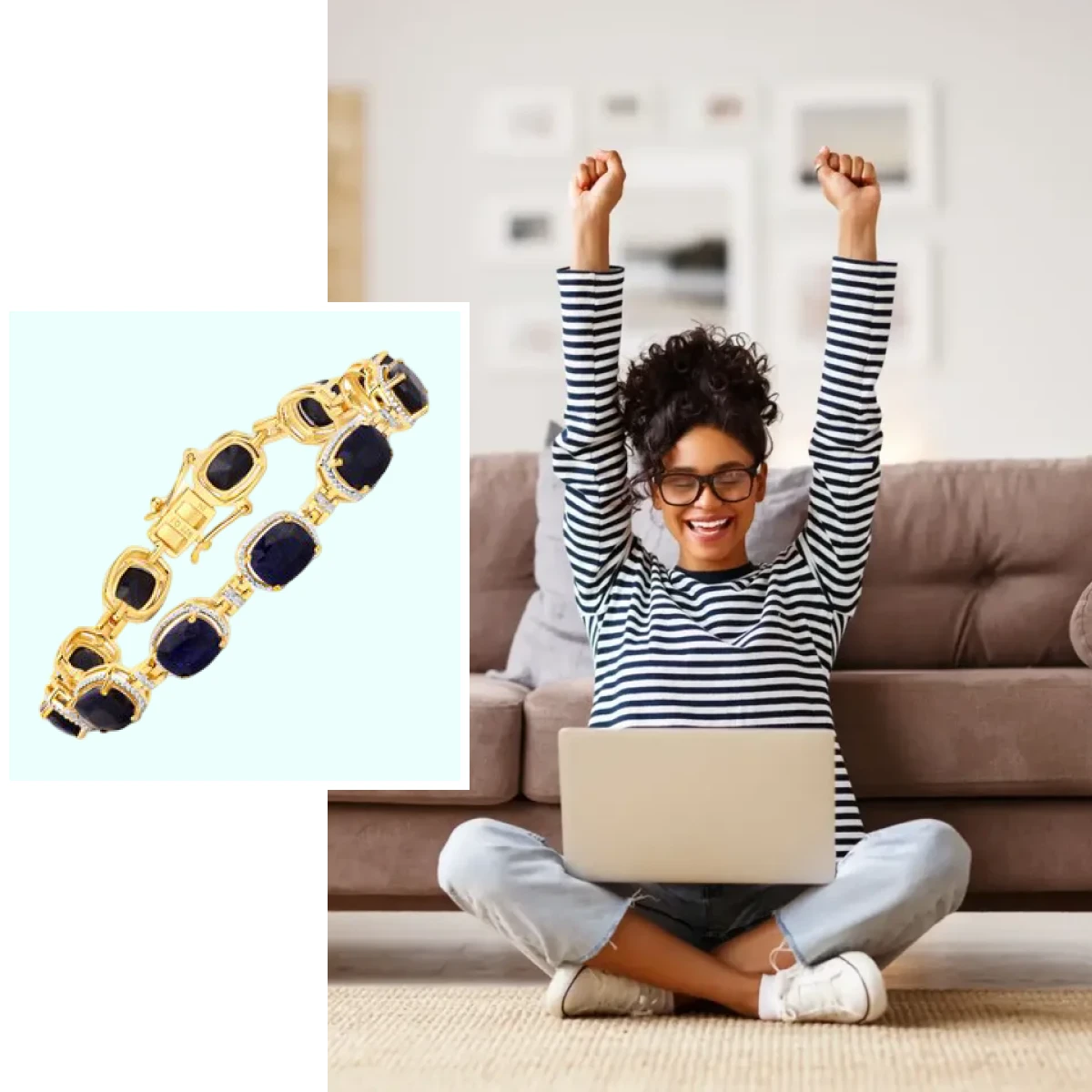 Woman cheering on sofa with computer