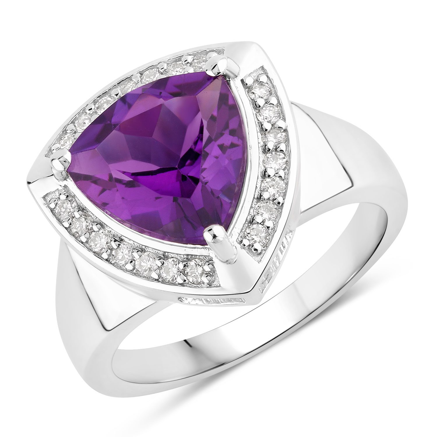 Silver ring with purple gemstone and diamonds.